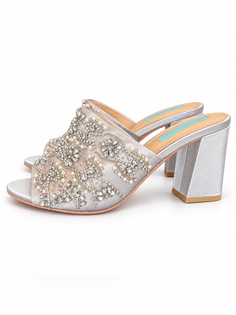Betsey Johnson Blue SB-Jaxon Silver sequin heel wedding mule satin